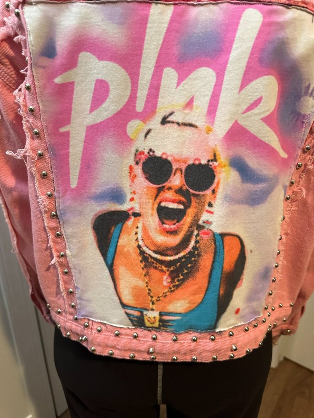 Pink Studded Denim Jean Jacket with P!NK image on back - Picture 2 of 3